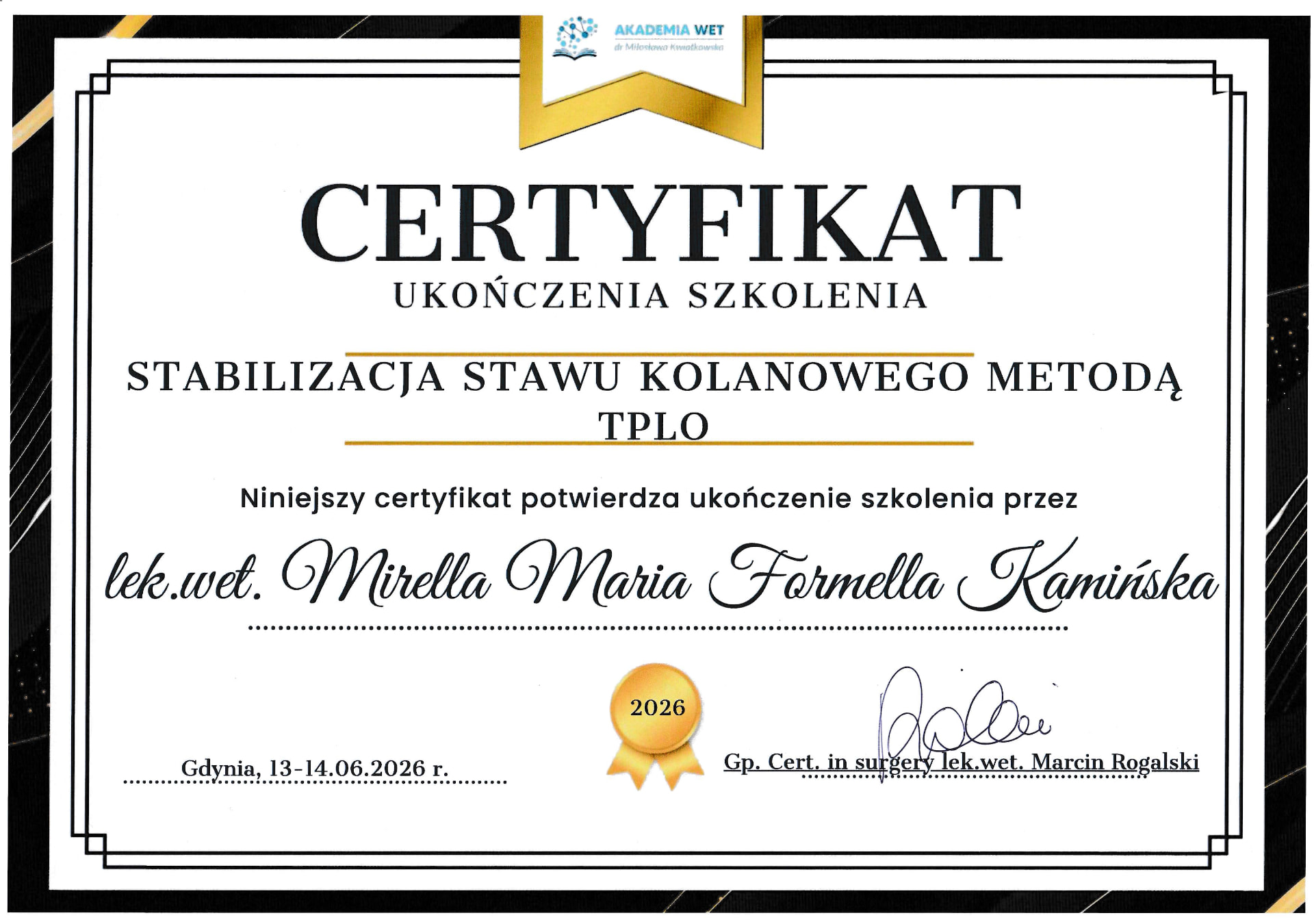 Certyfikat szkolenia: Stabilizacja stawu kolanowego metodą TPLO
