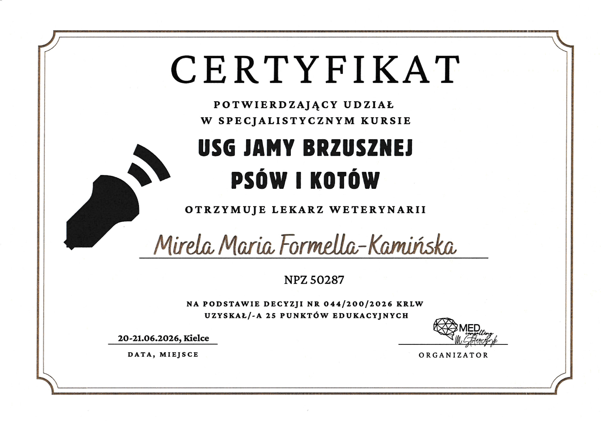 Certyfikat szkolenia: USG jamy brzusznej psów i kotów
